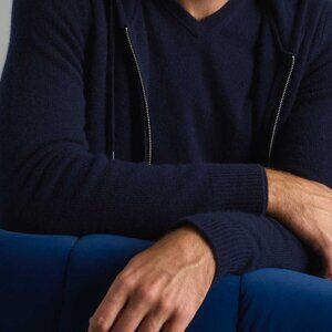 NWT Collars & Co Merino Wool Hoodie Sweater Blue Full Zip Lightweight Navy Blue